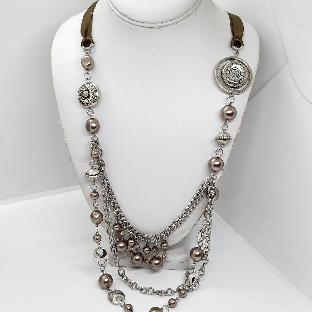 Necklace Silver Tone Layered Brown‎ Ribbon Back Faux Pearl
